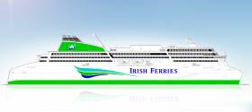 Side elevation of the proposed new cruise ferry commissioned by Irish Continental Group which is scheduled for delivery in May 2018 for operation on routes between Ireland, UK and France. The 50,000 tonnes vessel, which is being built in Germany at a contract price of €144 million, will accommodate 1,885 passengers and crew. It will have 435 cabins, 2,800 lane metres of freight vehicle space with room for 165 freight vehicles and an additional dedicated car deck with capacity for 300 passenger cars.