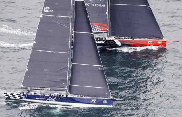 Hailing from County Meath, Irish Australian skipper Jim Cooney at the helm of his 100–foot Supermaxi to leeward to Black Jack at the start of the Rolex Sydney-Hobart Race