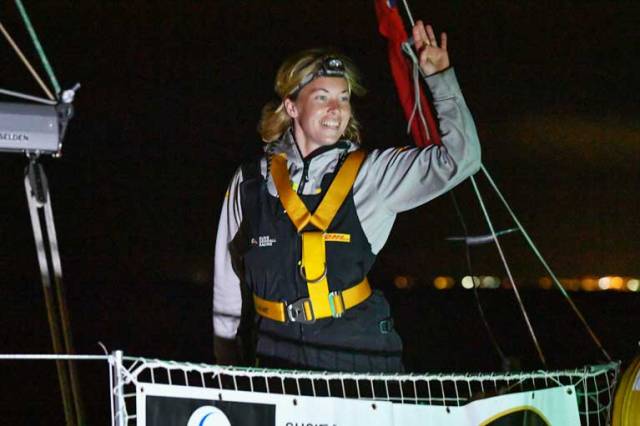Susie Goodall arriving at the Hobart Golden Globe Race film stop last month