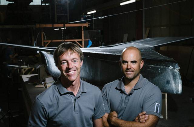 Niels Frei and Yves Detrey with the hull of their prototype NTFM Syra 18 foiling dinghy
