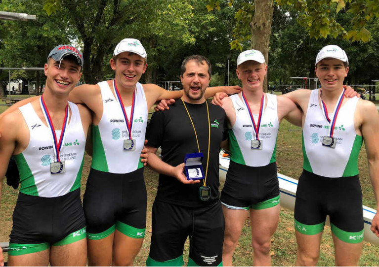 Ireland’s men’s quad crew with their silver medals in Belgrade earlier today