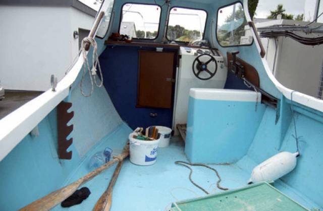 The deck and bulwarks of Michael O’Brien’s boat Bluebird II, which was found empty the evening before his remains were recovered