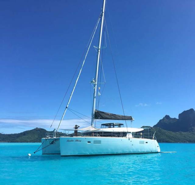 Fifteen thousand miles from Dublin in a magic year of cruising – George & Mary Coombes’ Lagoon 450s Realta Bheag moored off Bora Bora in mid-Pacific in French Polynesia