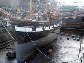 Replica famine-emigrant barque Jeanie Johnston is to become the last ever ship to be dry docked in Dublin Port (seen there in 2014) which is to close marking an end of an era in Irish maritime heritage 
