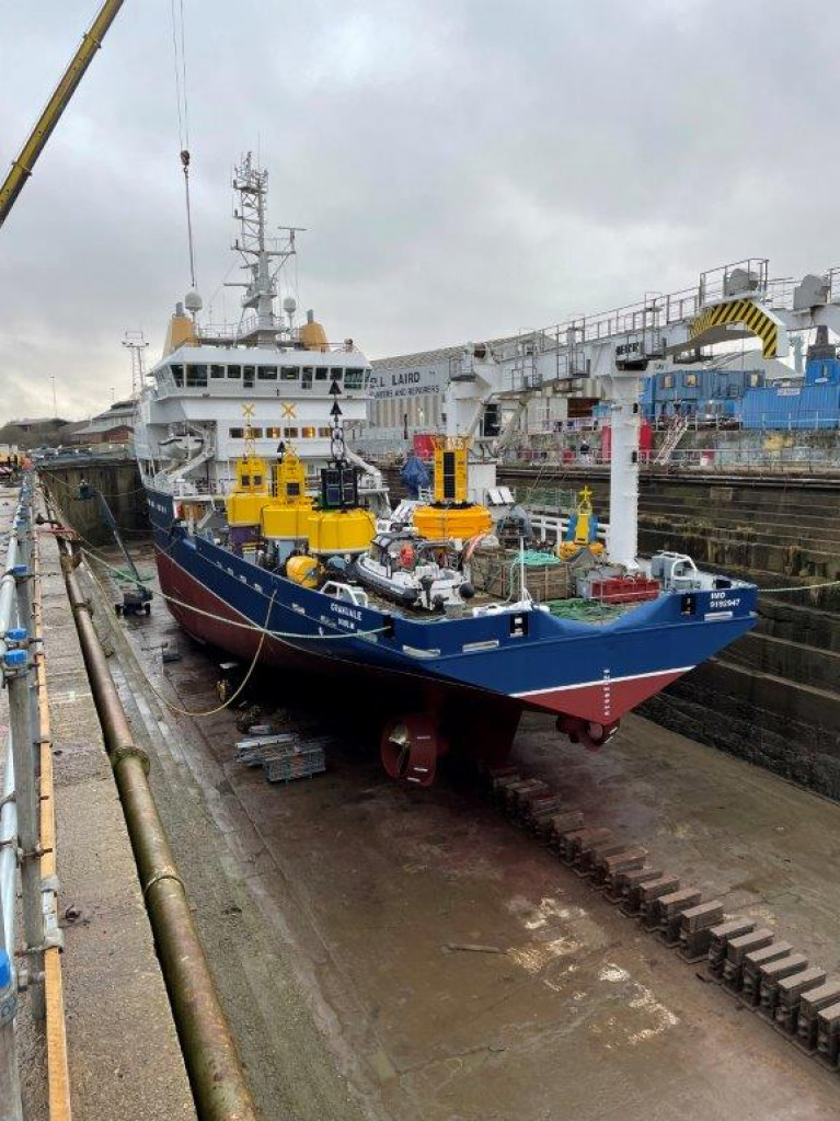 Commissioners of Irish Lights buoy-laying vessel, ILV Granuaile at Cammell Laird shipyard, where the 2,625t ship underwent an Intermediate dry-docking.  The vessel&#039;s homeport is Dun Laoghaire Harbour, where a marine depot is located along with CIL&#039;s headquarters. 