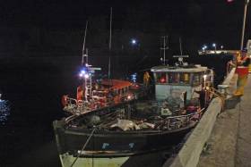 The stricken trawler from Kilkeel safely moored in Peel Harbour after its overnight ordeal