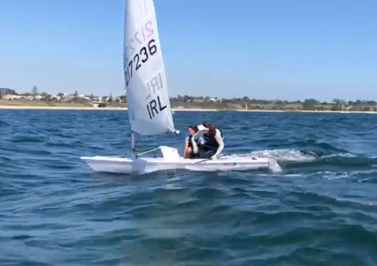 Annalise Murphy takes Sonia O’Sullivan for a spin in her Laser Radial in the waters off Melbourne