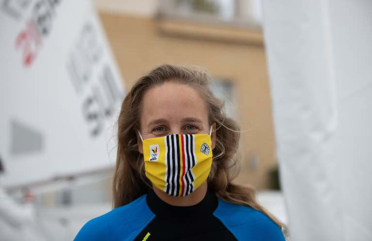 A competitor wearing a face mask at the Senior Laser European Championships & Open European Trophy on Gdansk Bay