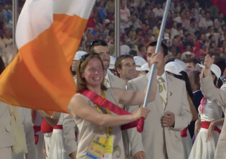 Ciara Peelo carries the tricolour for the Irish Olympic team at the Beijing 2008 opening ceremony
