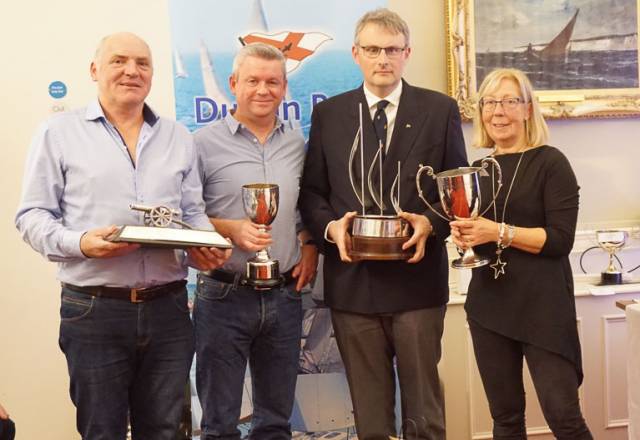 The George Arthur Newsom Cup, for the most successful Yacht in one-design classes was presented to Flying Fifteen duo David Gorman (second from left) and Chris Doorly (left) by DBSC Commodore Jonathan Nicholson and Vice Commodore Ann Kirwan. Scroll down for photo gallery