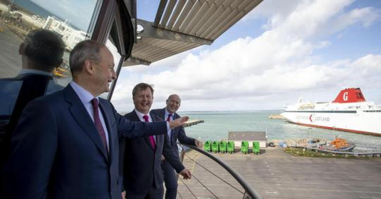  An Taoiseach visited Rosslare Europort, Co. Wexford, where he was photographed (at the port&#039;s control tower) with Jim Meade CEO of Iarnród Éireann and Glenn Carr General Manager of the south-east port. AFLOAT adds the ferry seen at the port&#039;s outer pier is the Visby on charter to DFDS for their ro-ro route that bypasses the UK-EU landbridge by linking directly to mainland Europe via Dunkirk in northern France. 