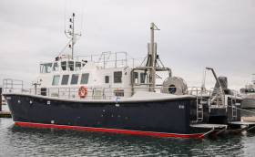 New arrival in Dun Laoghaire – This Hydrographic survey catamaran is capable of operating offshore for 7 days duration for 12 crew with ‘all weather capabilities’ able to operate in rough conditions and in S.A.R. roles when required and undertake coastal and offshore ‘Patrol’ duties. See photo below