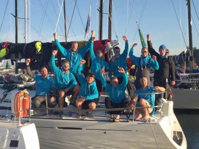 A tired but elated crew on Nick and Suzi Jones' First 44.7 Lisa, skippered by RORC Commodore Michael Boyd