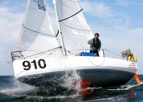 Tom Dolan in his Pogo 3 IRL 910, in which at sixth overall in November 2017, he was the highest-placed Irish sailor ever in the biennial Mini-Transat. He has now moved up to the Figaro Solo, and this week in training with the Figaro 2 in Lorient, he recorded his first win.
