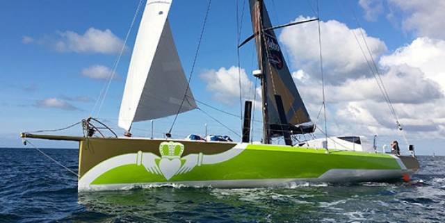 Enda O'Coineen's IMOCA 60 which he intends to race in the Vendee Globe Round the World Race has arrived in Kinsale after a refit in France