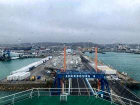 A view taken from the top deck of W.B. Yeats when berthed bow-on in Cherbourg, France yesterday at the port&#039;s No.4 linkspan. To celebrate the &#039;maiden&#039; crossing and to mark the St. Patrick’s Day weekend, the port in Normandy was lit-up in the emerald green of Ireland, much to the delight of passengers and crew.