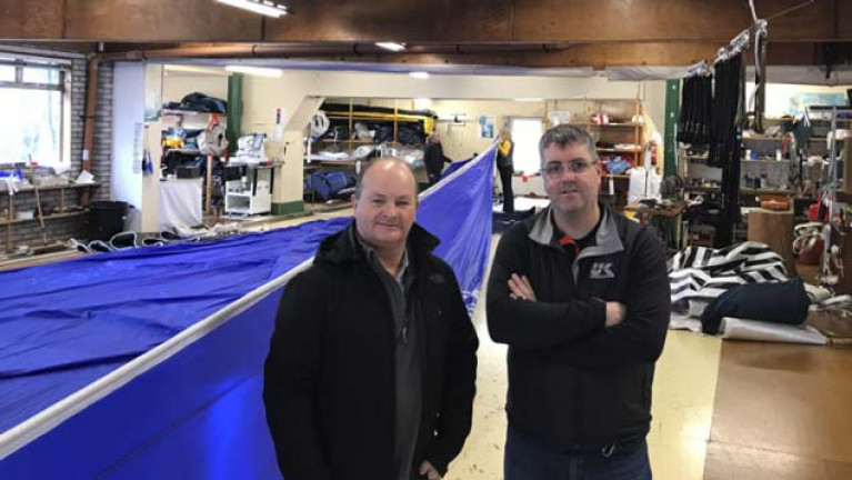 Harry Lewis (left) and Barry Hayes  at a busy UK Sailmakers Ireland loft in Crosshaven