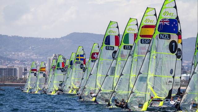Ireland's Ryan Seaton and Matt McGovern (No. 99) in the front row of a start at the 49er Euros in Barcelona
