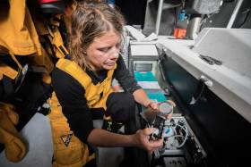 Liz Wardley pictured last December on board Turn the Tide on Plastic, one of two vessels recording data for the Volvo Ocean Race Science Programme