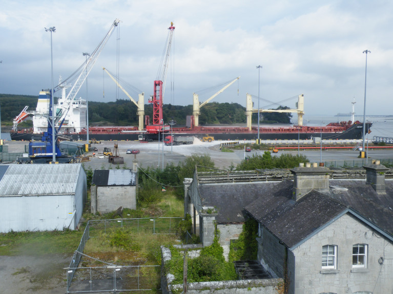 Port of Foynes: re-opening the 40km Limerick-Foynes line, closed in 2002, would cost €45 million. Above AFLOAT adds the bulker Foxtrot berthed at the port and the derelict railway station located in north Co. Limerick