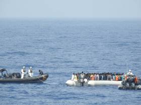 RIBs deployed from LE Roisin carry out the rescue of refugee migrants off Libya at the weekend 