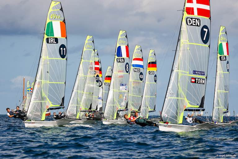Ryan Seaton and Seafra Guilfoyle start a 49er race at the 2020 European Championships in Austria