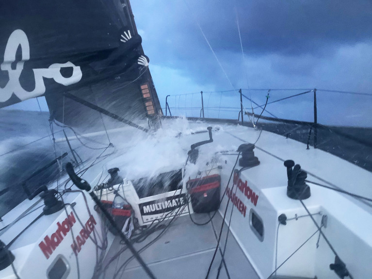 Hubo with deck awash in the Fastnet Race