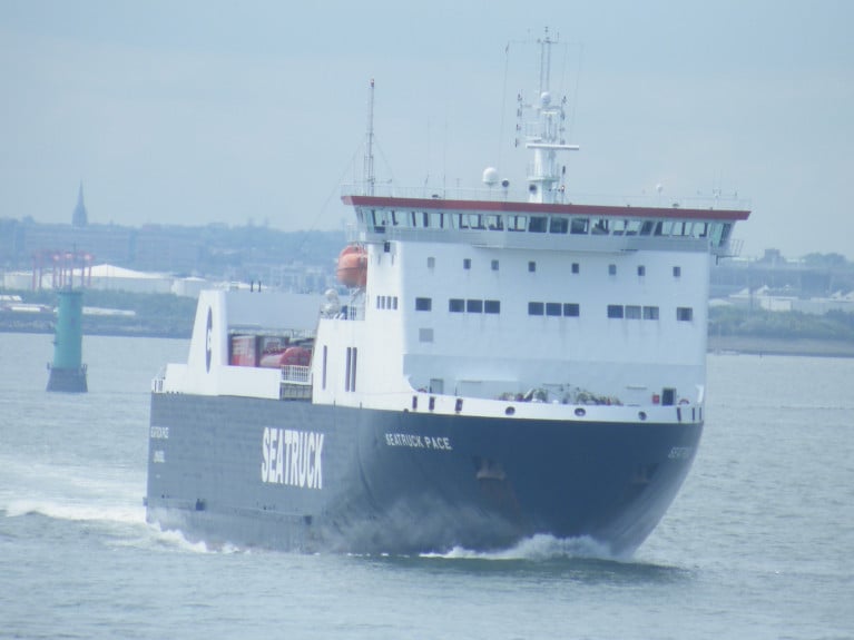 Seatruck Pace in this AFLOAT photo departing in the channel of Dublin Port bound for Liverpool, is among ro-ro freight ferries from today (afternoon) to provide more sailings on the route which also takes &#039;motorist&#039; passengers.