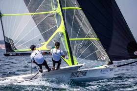 Belfast&#039;s Ryan Seaton and Royal Cork&#039;s Seafra Guilfoyle competing in the 49er skiff on day two of the Sailing World Cup in Hyeres