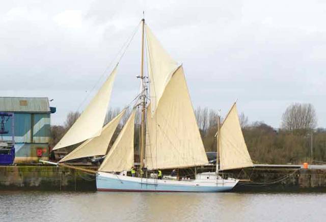 The Ilen with sails set at Limerick Docks