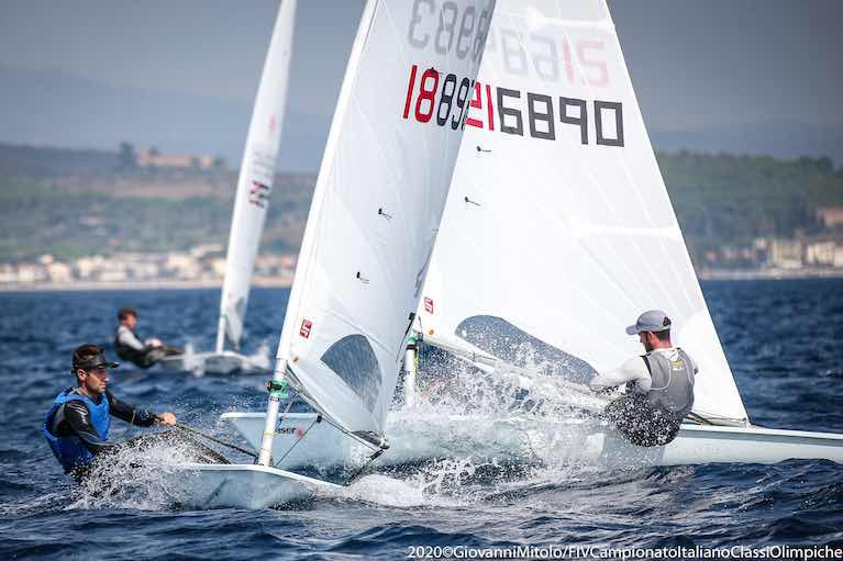 Finn Lynch (on port tack) on his way to seventh overall in Follonica, Italy