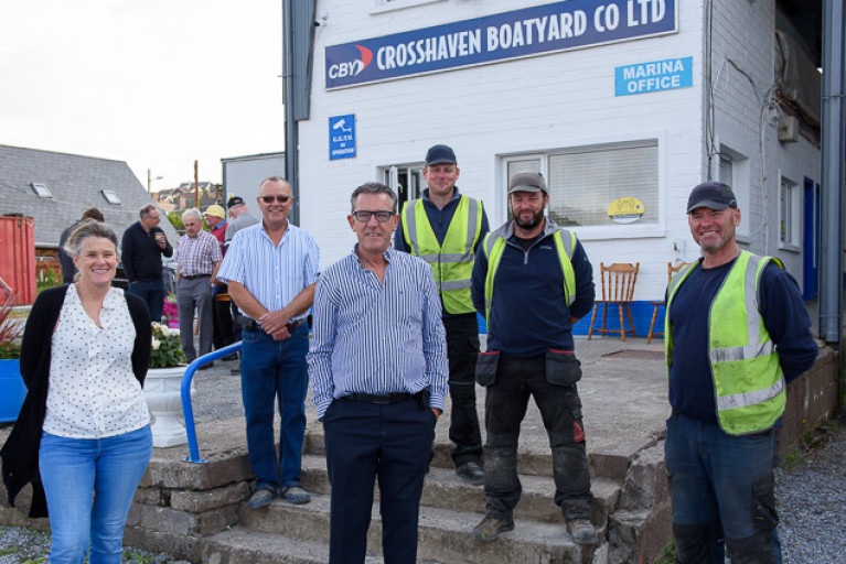 Matt Foley, centre, is congratulated on his retirement from Crosshaven Boatyard by colleagues Judy Phillips, Hugh Mockler, Joe Berry, Mark Lewis and Steve O&#039;Sullivan