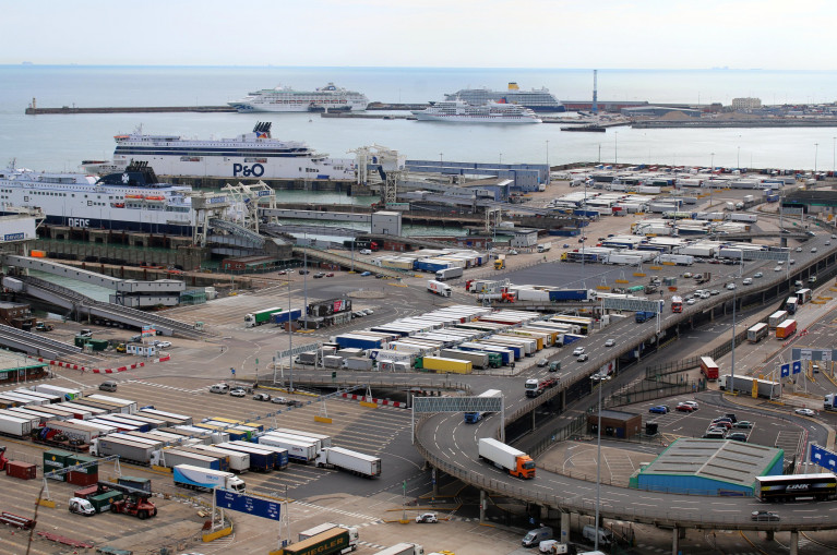 UK hauliers have been warned delays could be in place for at least three months. Above busy scene as trucks use the Port of Dover in Kent. AFLOAT also adds in this scene asides routine ferries serving Calais, France are in the background cruiseships berthed at the port&#039;s eastern docks.