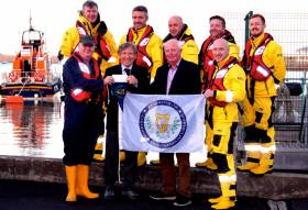 At the presentation to Dun Laoghaire RNLI of the Cruising Association of Ireland cheque for €1,000 collected at the recent CAI &quot;Three Bridges Lifted” Rally in Dublin Port were (back row, left to right) Chris Watson, Ronan Adams, Jack Shanahan, Damien Payne and Oisin Corrigan of Dun Laoghaire lifeboat, and front row (left) Station Mechanic Kieran O’Connell (left) and (right) Duty Cox’n Adam O’Sullivan, with Commodore Vincent Lundy of the CAI, and Honorary Treasurer Bryan Downey
