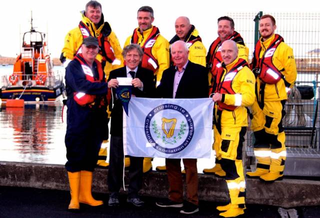 At the presentation to Dun Laoghaire RNLI of the Cruising Association of Ireland cheque for €1,000 collected at the recent CAI "Three Bridges Lifted” Rally in Dublin Port were (back row, left to right) Chris Watson, Ronan Adams, Jack Shanahan, Damien Payne and Oisin Corrigan of Dun Laoghaire lifeboat, and front row (left) Station Mechanic Kieran O’Connell (left) and (right) Duty Cox’n Adam O’Sullivan, with Commodore Vincent Lundy of the CAI, and Honorary Treasurer Bryan Downey