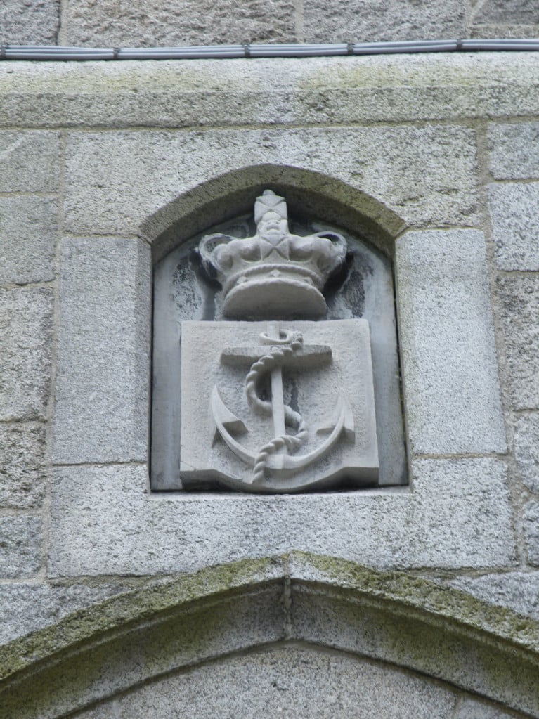 Free self-guided 'Summer of Heritage' tours of the National Maritime Museum of Ireland (NMMI) Dun Laoghaire, Co. Dublin, housed aptly in the former Old Mariners' Church are available to September. Above is an external stone carved anchor sculptural detail above a door to the front facade of the historic church, a rare surviving example of a 'Mariners' Church still left intact left  in the world and where the museum excudes matters maritime.