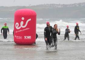 Alan reaches shore after the final swim of his seven-week, 500km challenge