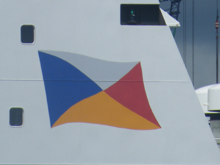 Close up of P&O's famous 'houseflag' on the Dublin-Liverpool ropax Norbay which remains suspended from service and is docked at the port on Merseyside. A sister ferry, Norbank however Afloat adds since Sunday reopened sailings on the core Irish Sea route, for more details read below. 