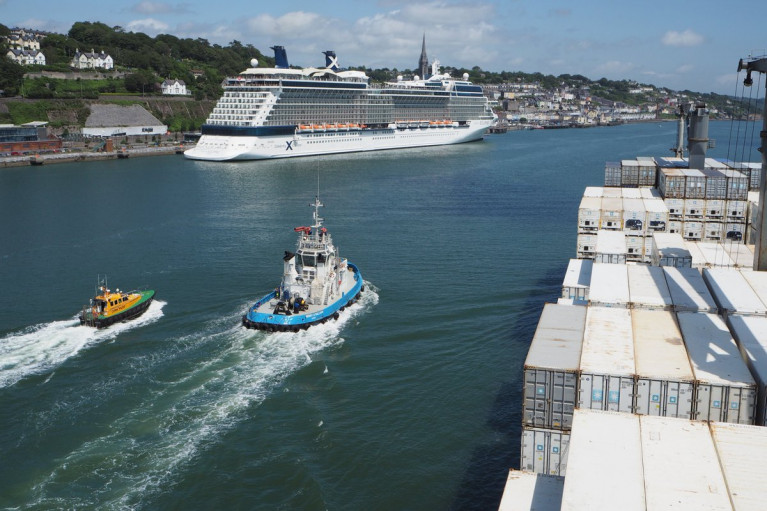 &quot;We expect to be heading to 150 cruise liner visits per year in the late 2020s when the two Cobh terminals are open,&quot; said Port of Cork chairman, John Mullins. Above AFLOAT adds is Cobh where a Celebrity Cruises &#039;Solstice&#039; classship is seen from a Maersk containership &#039;banana boat&#039; that departed from nearby Ringaskiddy, where the Deepwater Berth, the PoC plan to use less for large cruiseships due to increased freight demand. This will concentrate cruise operations already existing at Cobh and a add a new &#039;interim&#039; mini-cruise berth upriver at Marino Point.