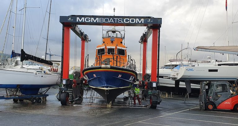 Arklow's Trent Class RNLI lifeboat is lifted for maintenance at MGM Boats in Dun Laoghaire