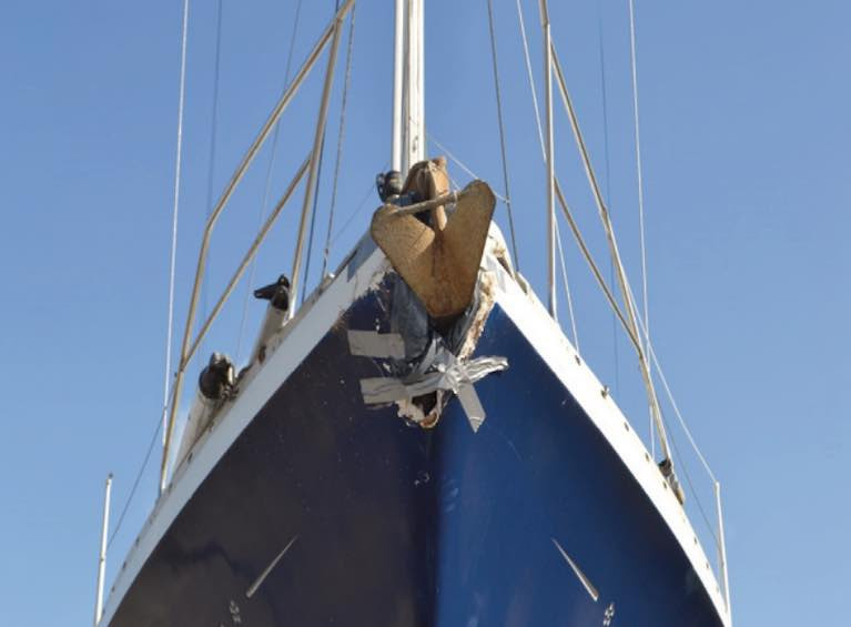 Damage to the bow of ‘Medi Mode’ sustained in the collision