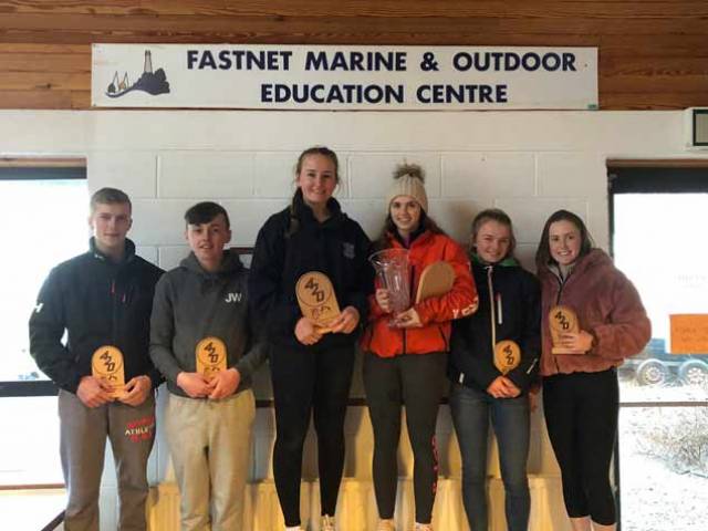 The 420 Munster Championships gold fleet winners on the podium in Schull: 1st Gemma McDowell and Emma Gallagher, Malahide Yacht Club  2nd Grace O’Beirne and Kathy Kelly, Royal St. George Yacht Club  3rd Michael O’Suilleabhain and Michael Carroll, Kinsale Yacht Club