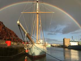 Somewhere, under the rainbow…..the bright side of the rainstorm favours the Ilen in the Ted Russell Dock in Limerick – she has her own private rainbow, when everyone else was facing flash flood warnings