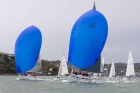 Of the six spinnaker boats competing in the RCYC League today, two with blue kites above are helmed by dinghy sailors “Nieulargo” Annamarie and Denis Murphy&#039;s Grand Soleil 40 is helmed by daughter Mia (16). The Jones&#039; Family  J109 is helmed by son Kian (20). See photo gallery below