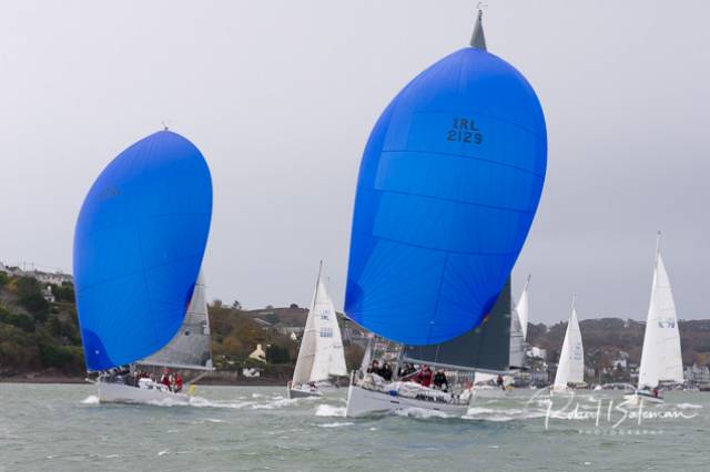 Of the six spinnaker boats competing in the RCYC League today, two with blue kites above are helmed by dinghy sailors “Nieulargo” Annamarie and Denis Murphy's Grand Soleil 40 is helmed by daughter Mia (16). The Jones' Family  J109 is helmed by son Kian (20). See photo gallery below