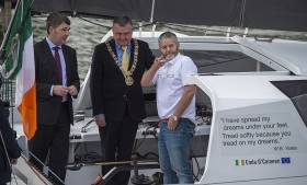 Dr Peter Heffernan Chief Executive (Marine Institute), Lord Mayor of Dublin Brendan Carr with Enda O&#039;Coineen, skipper of the Irish Vendee Globe bid, the Kilcullen Voyager 