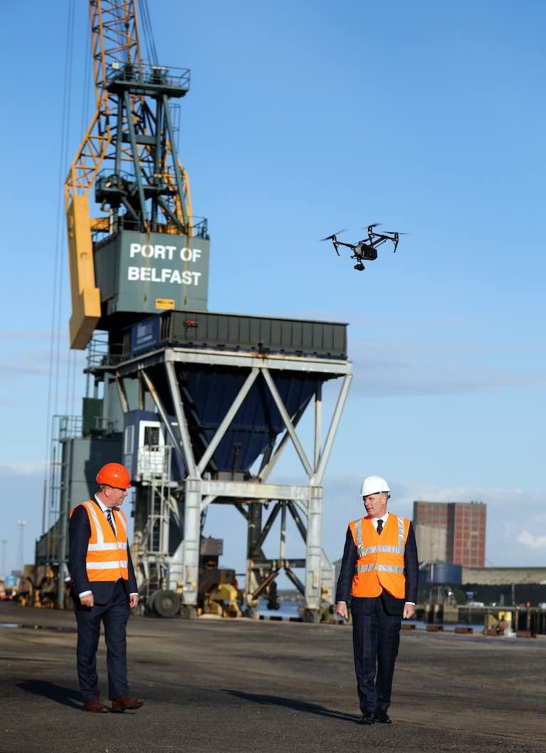 Picture shows: (L-R) Paul Murnaghan, Regional Director for BT’s Enterprise division in Northern Ireland and Joe O’Neill, Chief Executive of Belfast Harbour with 5G remote controlled inspection technology, which will improve productivity and safety measures by reducing the need for staff to work at height.