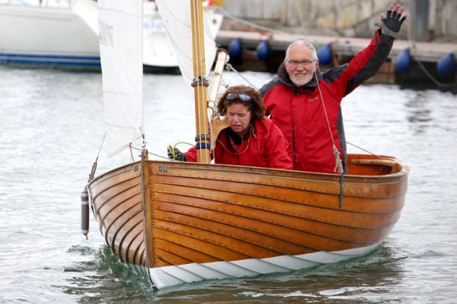 Hal Sisk and Sue Westrup in the Water Wag Good Hope depart from the Royal Irish Yacht Club slipway