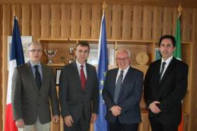 Thomas Furey, INFOMAR; Stephane Crouzat, Ambassador of France in Ireland; Dr Paul Commolly, Marine Institute; and Attaché for Science and Technology Marc Daumas visit the Marine Institute Headquarters in Oranmore on Thursday 14 March
