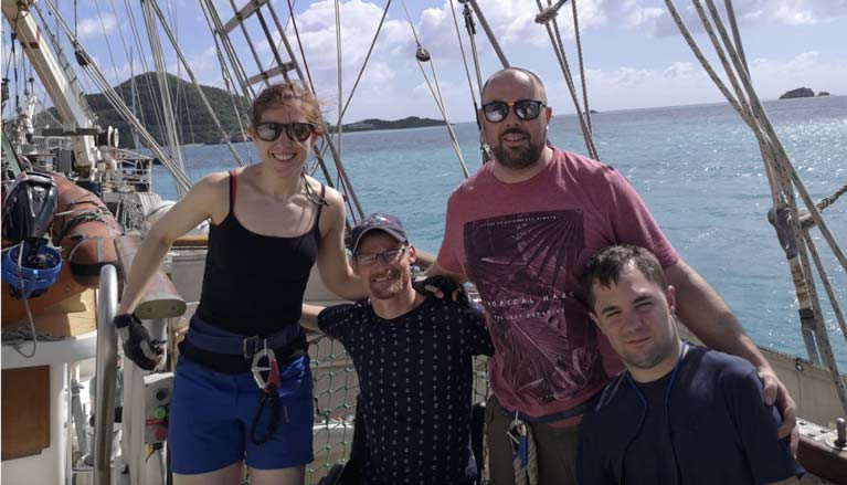 Onboard STS Tenacious in Antigua: (left to right) Aileen Kelleher, Daniel Wilson, Andy Saunders and Mike Oughton.